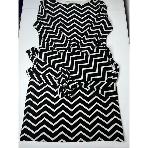 RALPH LAUREN BLACK & WHITE CHEVRON PRINT DRESS W/TIE All-Season Size 16 - Picture 7 of 12